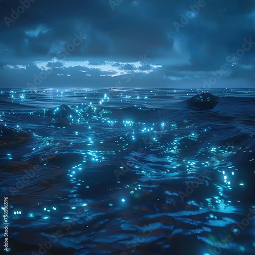 Nighttime seascape with bioluminescent algae electrified by underwater cables, blending marine biology with technology