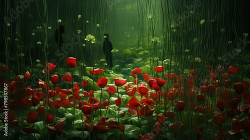 Red tulips in the green forest. Bouquet of red tulips on a gray background. Red Poppies in a Dark Forest
