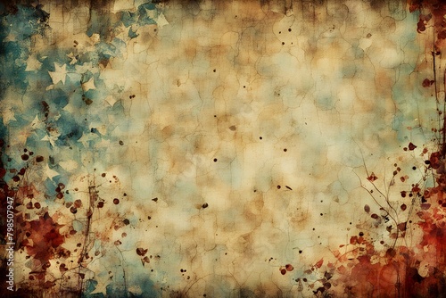 A faded blue and red background with a white border