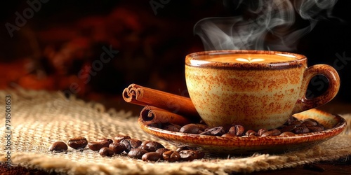 A cup of coffee with a beautiful heart-shaped foam design on top, sitting on a saucer with coffee beans and cinnamon sticks.