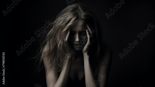 A beautiful blonde woman with long hair holding her head in pain. She is wearing a black dress and is sitting in a dark room.