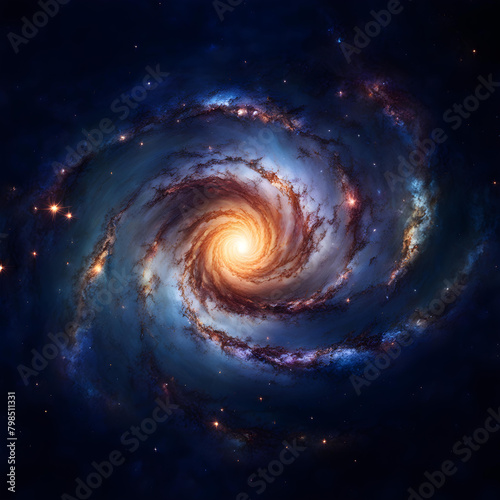 Draufsicht auf eine junge reguläre Spiralgalaxie. Der zentrale Kern (Bulge) ist noch klein. Es gibt noch viele Arme. (Künstlerische Darstellung.)