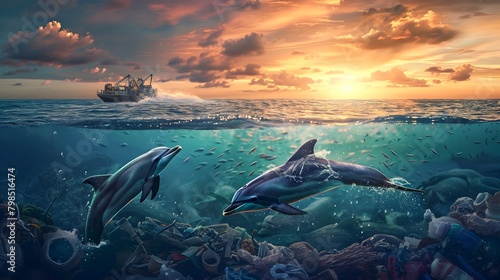 Twilight Ocean Vista Dolphins Leap in of a Floating Plastic Recovery Platform and a Hopeful Future