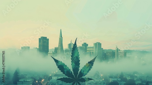 san francisco illustration, cannabis pot weed culture vibe, outlined cannabis leaf, 16:9