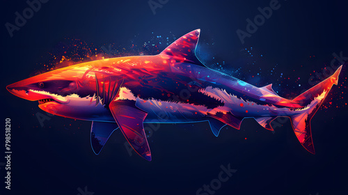 A dark requiem shark with colorful fins swims underwater in the ocean