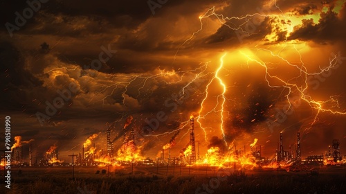 Intense Lightning Storm Over Oil Fields: Dramatic Scene of Lightning Striking Oil Fields - Nature Photography Concept