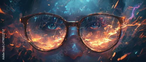 A closeup of magic glasses with electric energy flowing, set in a beautifully mysterious, surreal landscape ,3DCG,high resulution,clean sharp focus