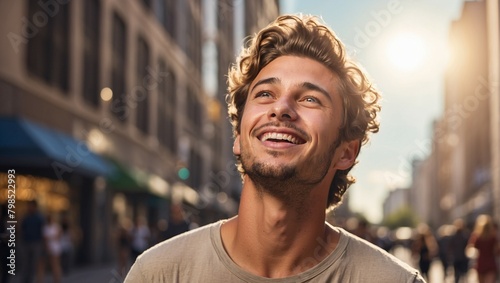 A happy young caucasian man looking up at the sky