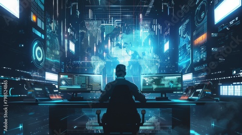 A cybernetic commander oversees a futuristic control room