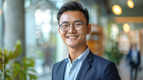 Happy young Asian businessman in stylish clothes and glasses smiling friendly against blurred modern office room background