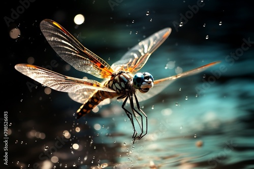 Dragonfly in flight captured in high speed, blurred water surface background, emphasizing motion and agility of wildlife