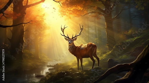 Majestic deer gracefully crossing a sunlit forest glade.