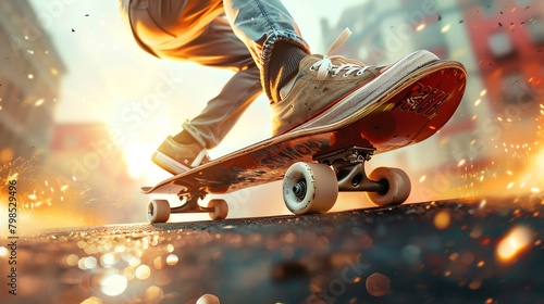 Close-up of a skateboard and sneakers as the skateboarder launches off the ramp, detailed textures and vibrant background