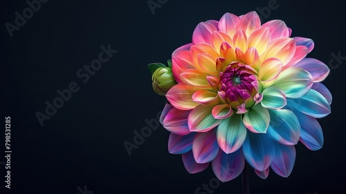 A close-up image of a dahlia flower in full bloom against a black background.