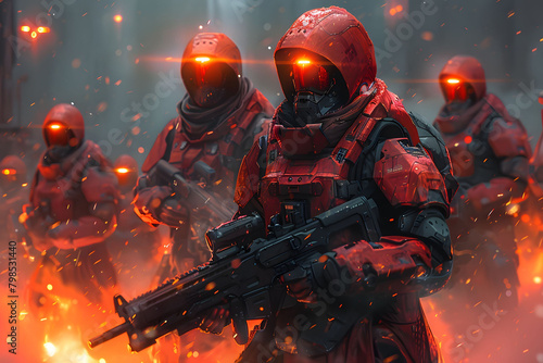 Futuristic Sci-Fi Fully Armored Soldiers with Red Gear on a Mission Walking Through Fire