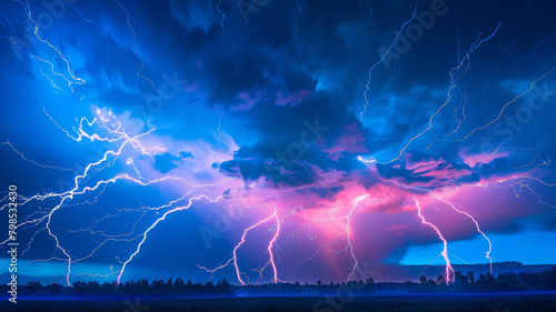 Electric lightning bolts crackling across a midnight sky of rich blue and pink, creating an electrifying spectacle