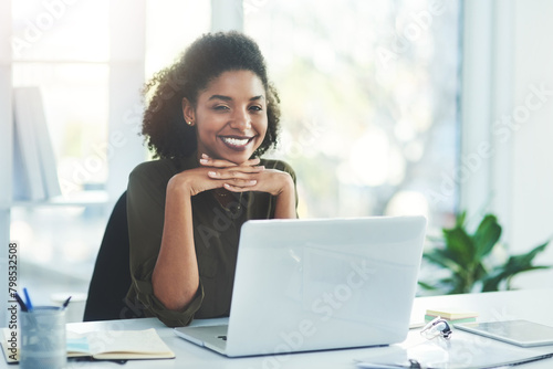 Business, portrait and happy woman with laptop in office for research, planning or case study at law firm. Legal, help and friendly lawyer with paperwork for idea, notes or compliance documents