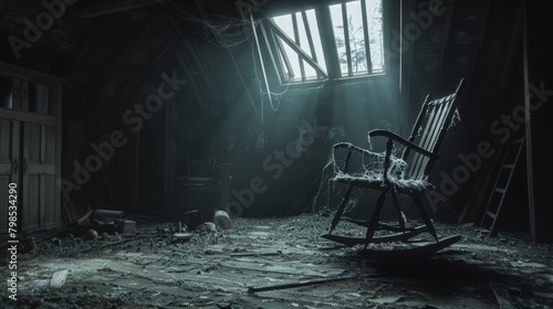 A dark and dusty attic filled with cobwebs and forgotten objects, with a single rocking chair swaying back and forth mysteriously. 