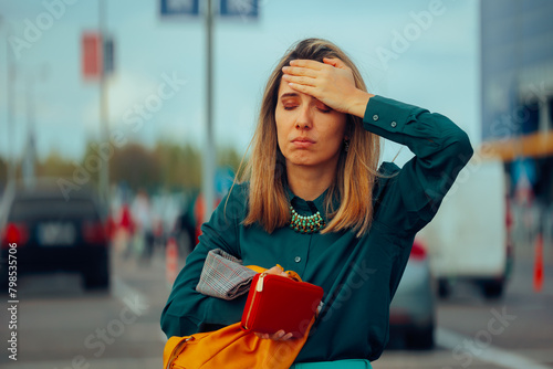 Forgetful Woman Checking her Bag Losing her Money. Person losing her belongings after getting mugged 