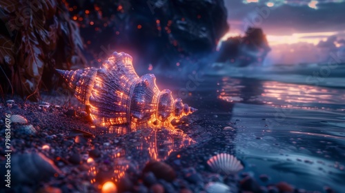 A hidden world contained within a glowing seashell, showcasing fantastical creatures and dreamlike landscapes. 
