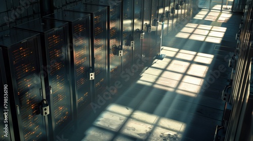 A high-angle shot of a server room with rows of computers secured with steel padlocks, casting long shadows. 