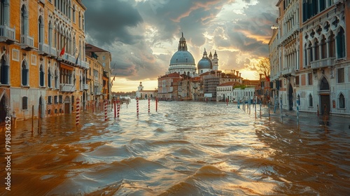 Venice, Italy - Historic City Flooded with Water Reaching Windows of Ancient Buildings