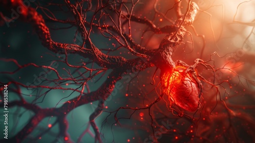 A network of arteries branching out from a healthy heart, resembling a vibrant red tree with flowing blood as its lifeblood 