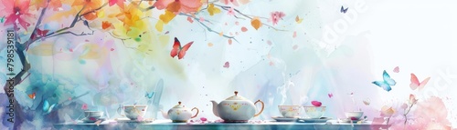 A fairy tea party with a table set under a gentle watercolor rainbow