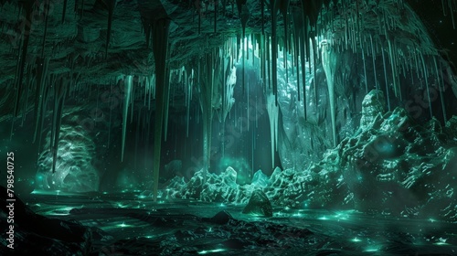 A vast, echoing cavern with jagged stalactites hanging from the ceiling and glowing green bioluminescent organisms in the depths. 