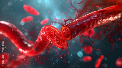 Two arteries rendered in a 3D style. The healthy one is a vibrant red tube with a clear interior. The blocked artery has a distorted, bumpy form with a dark red interior, indicating poor blood flow. 