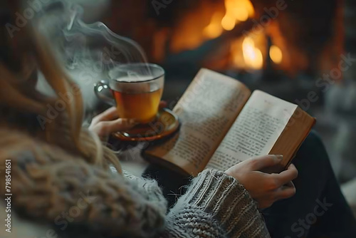 Woman reads book with tea near fireplace closeup book