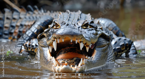 A crocodile lies in the water with its mouth open, showing off his teeth and big tongue. The scales of an alligator are visible on it's skin, which is blackish gray or dark brown