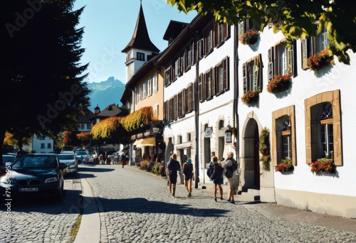 view Spiez tourists Castle Scenic Switzerland Schlossstrasse September street People Water Sky Travel House City Tree Landscape Road Building Wall Forest Autumn Couple Mountain Green