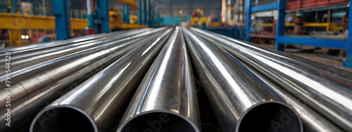 Closeup of Stacks of stainless steel pipes in background , metallurgical industry backdrop concept image, iron