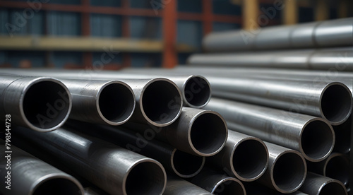 Closeup of Stacks of stainless steel pipes in background , metallurgical industry backdrop concept image, pipes