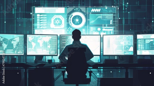 Cybersecurity professional monitoring digital threats in a high tech control room