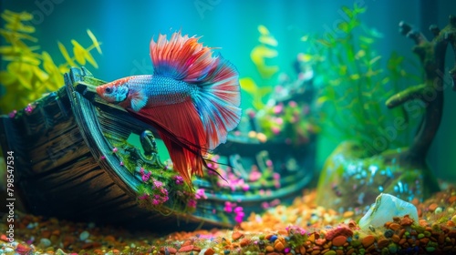 A Betta fish exploring a decorative shipwreck ornament in its aquarium, its curious nature adding a sense of adventure to its underwater world.
