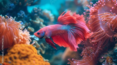 A Betta fish swimming among colorful coral reefs, its vibrant hues blending seamlessly with the underwater landscape.