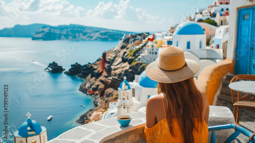 Relaxing at Oia cafe, woman enjoying Greek coffee, scenic view of blue domes and sea