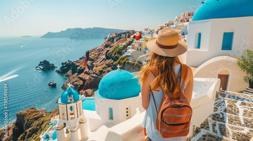 Bright morning in Oia, woman in casual wear, stunning architecture and blue sea