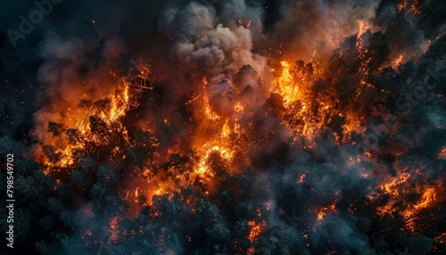 A large forest fire burns out of control.