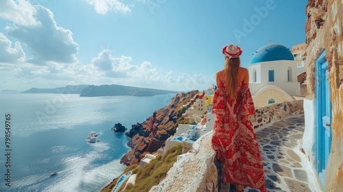 Lady in traditional Greek costume, Oia charm, blue domes, panoramic sea view