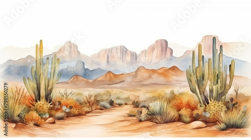 Watercolor western scene with cactus and mountain, minimalist style, isolated on white background. AI generated