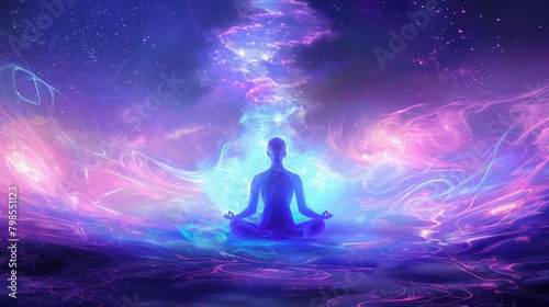 A transparent human figure meditating in a vibrant blue aura, set against a simple yet profound galaxy background, focusing on the calm and clarity of the cosmos. AI generated