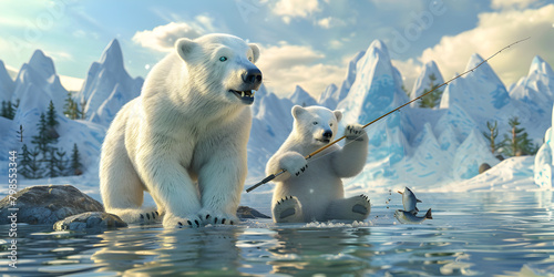 ice polar bear with baby at sea, polar bear family