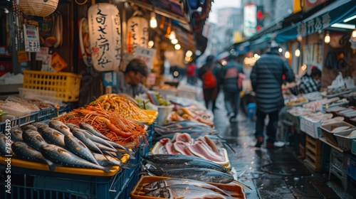 A bustling seafood market in Japan, with vendors selling a variety of freshly caught fish and shellfish.