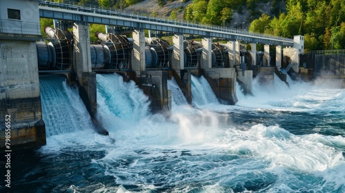 A hydroelectric power plant adjacent to a dam, its turbines harnessing the force of water to generate clean and sustainable energy.