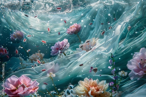 Step into an underwater realm where dust mites meander amidst fabric fibers adorned with delicate flowers, cocooned in a serene