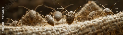 Dust mites portrayed in a survival theme, navigating the desert of a rough burlap sack