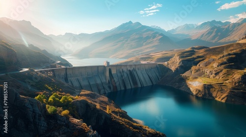 A majestic dam standing tall against a backdrop of mountains, its reservoir glistening in the sunlight, a symbol of human engineering prowess.